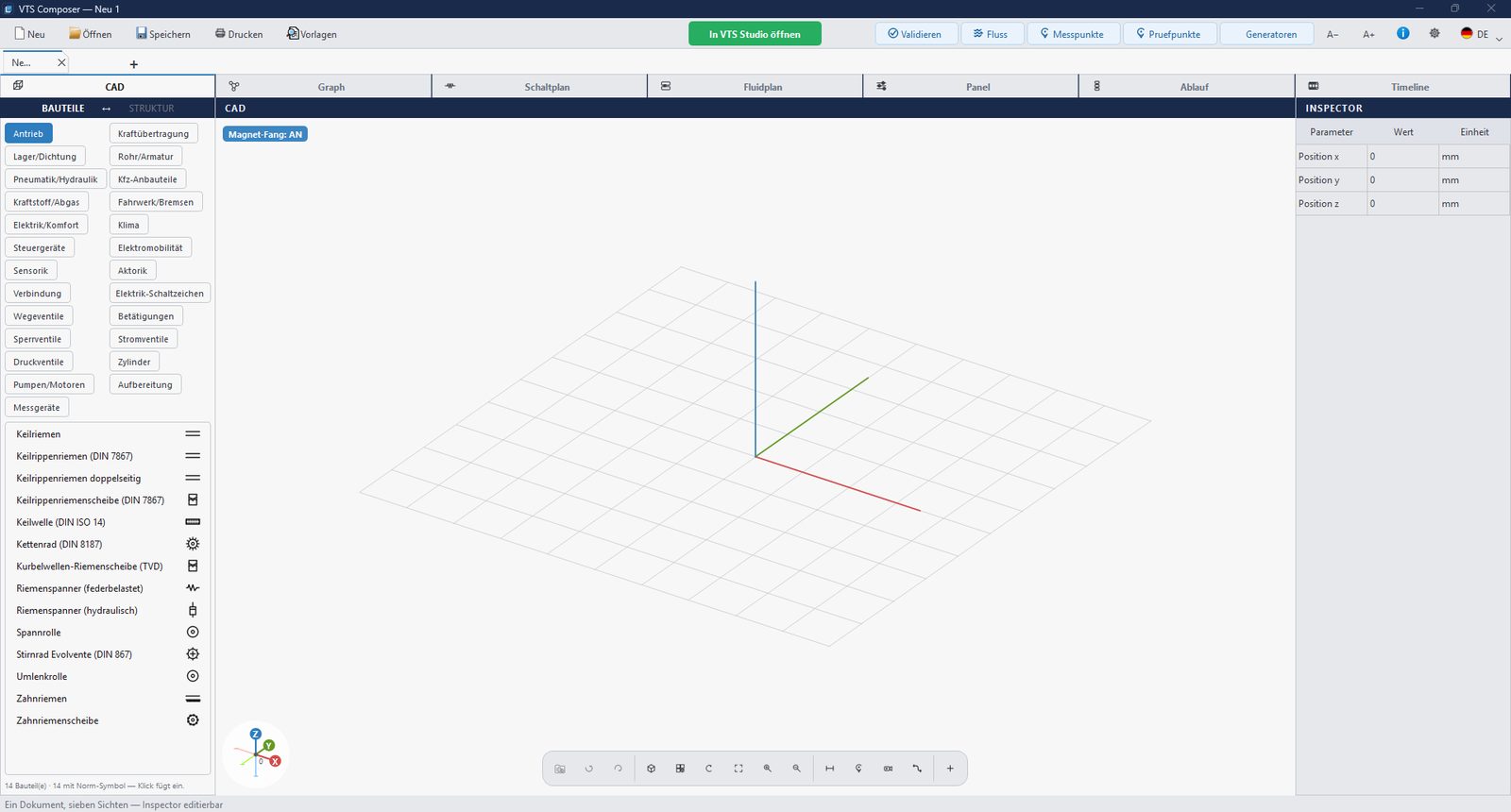 VTS Composer mit sieben Sichten: CAD, Graph, Schaltplan, Fluidplan, Panel, Ablauf, Timeline